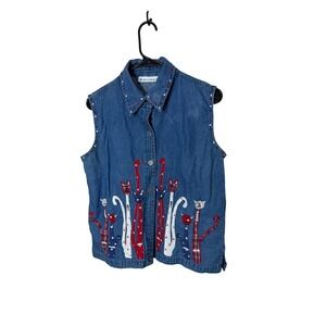 Vintage Dressbarn Womens Large Denim Vest Patriotic Cat Embroidered Star Blue L